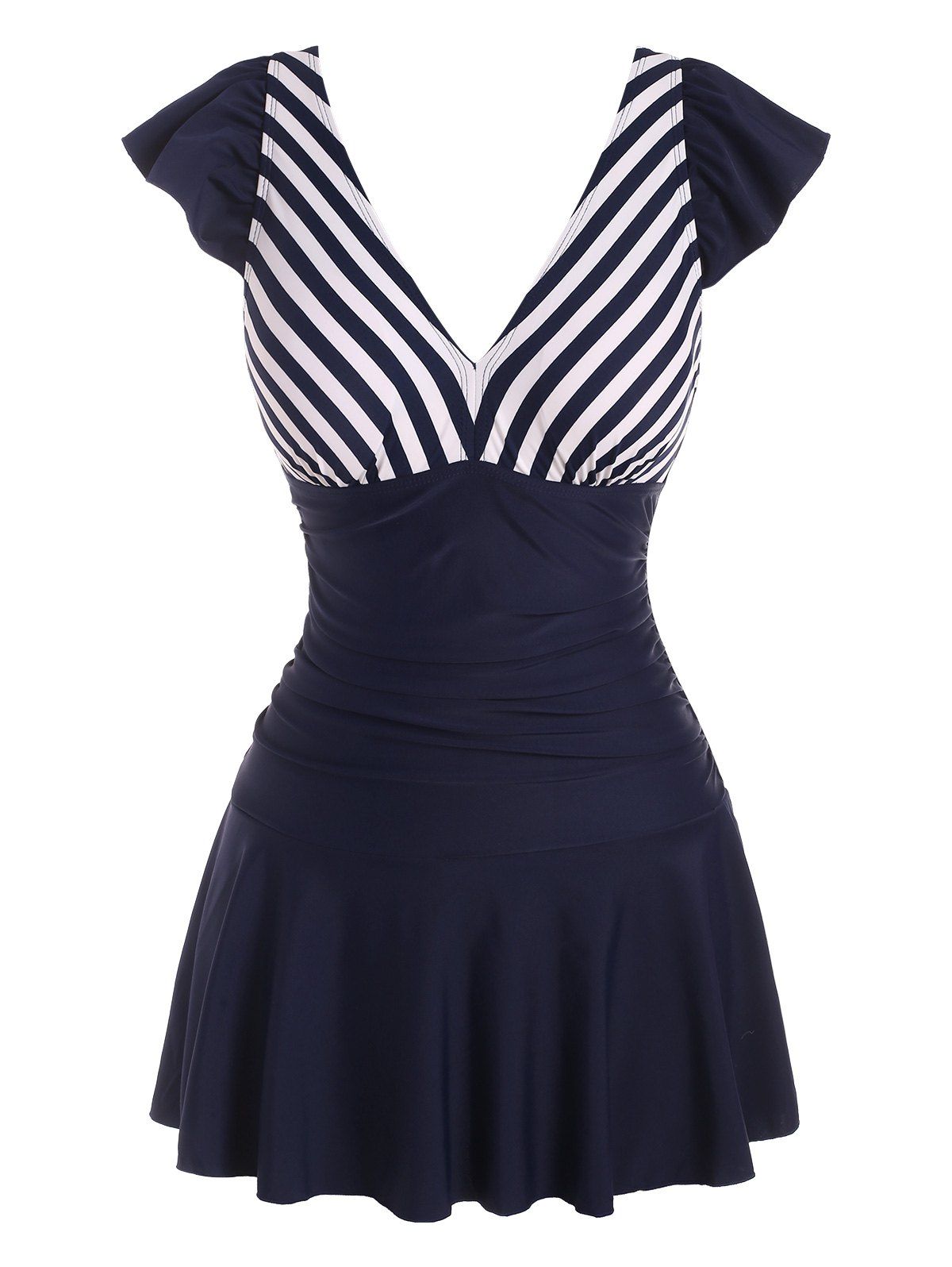 Plunge Ruched Sailor Striped One-piece Swimdress - DEEP BLUE M