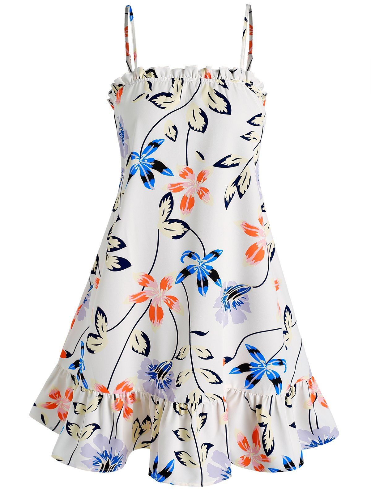 Flower and Leaves Print Flounced Cami Dress - WHITE L