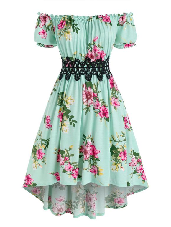 Summer Vacation Off The Shoulder High Low Floral Print Dress - LIGHT GREEN XL