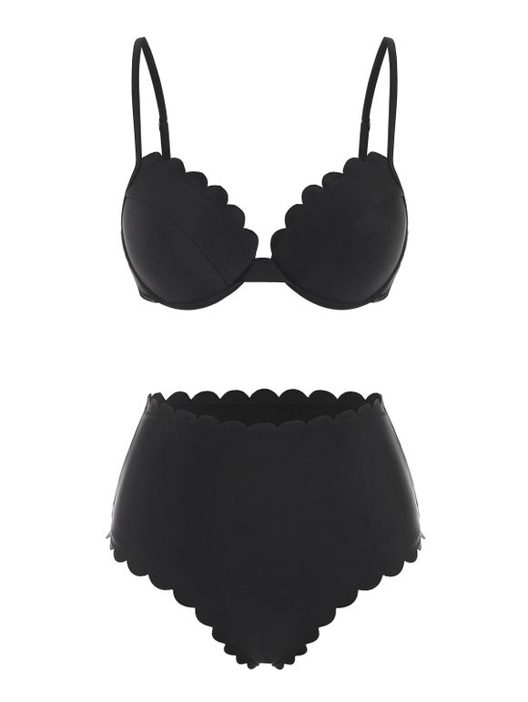 Maillot de Bain Bikini Festonné à Taille Haute à Armature - Noir 2XL