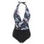 Tropical Print Halter Plunge Front Tummy Control One-piece Swimsuit - multicolor S