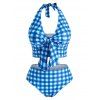 Maillot de Bain Tankini à Carreaux Plongeant de Grande Taille à Col Halter - Bleu clair 3X