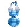 Plus Size Halter Plunge Bowknot Checked Tankini Swimwear - LIGHT BLUE 2X