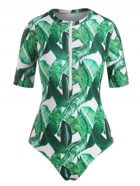 Palm Leaf Print Short Sleeve Zip Front One-Piece Swimsuit