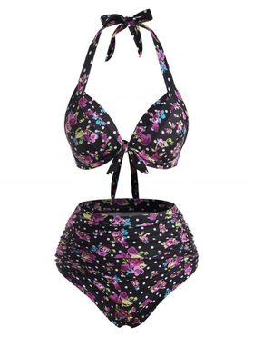 Floral Polka Dot Print Halter Neck Tied Bikini Swimwear