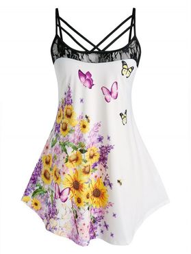 Plus Size Sunflower Butterfly Print Lace Panel Straps Cami Top