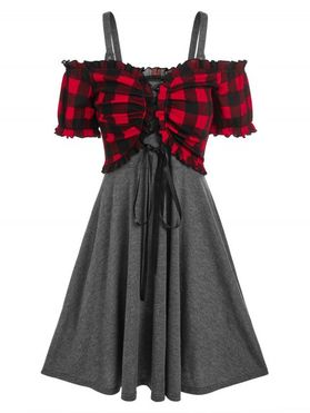 Plaid Print Lace-up Crop Top and Sleeveless Heathered Dress