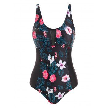 

Flower Leaf Print Mesh Insert One-piece Swimsuit, Black