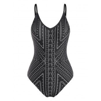 

Dotted Geometric Pattern V Neck One-Piece Swimsuit, Black