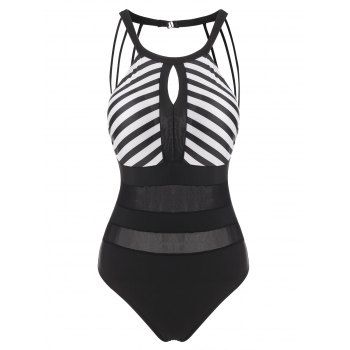 

Striped Mesh Panel Keyhole Sheer One-piece Swimsuit, Black