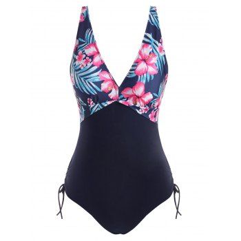 

Tropical Flower Print Cinched One-piece Swimwear, Deep blue