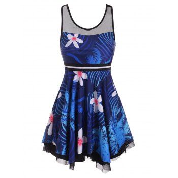 

Tropical Print Mesh Insert Handkerchief Tankini Swimwear, Blue
