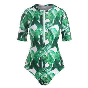 

Palm Leaf Print Short Sleeve Zip Front One-Piece Swimsuit, Deep green