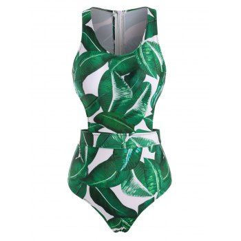 

Palm Print Cutout Racerback Tie Back Zip One-piece Swimsuit, Light green