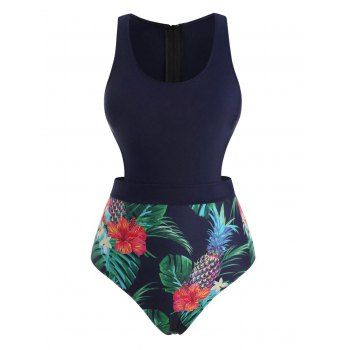 

Pineapple Flower Cutout Racerback One-piece Swimsuit, Deep blue