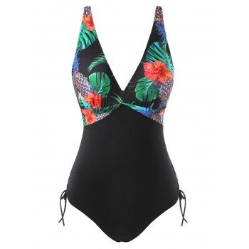 

Tropical Flower Print Cinched One-piece Swimwear, Black