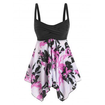 

Flower Print Twisted Handkerchief Tankini Swimwear, Black
