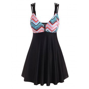 

Zig Zag Print Strappy Neck Cut Out Boyshorts Tankini Swimwear, Multicolor