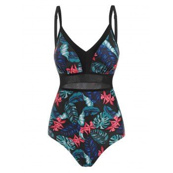 

Floral Print Mesh Splicing Bralette One-Piece Swimsuit, Multicolor