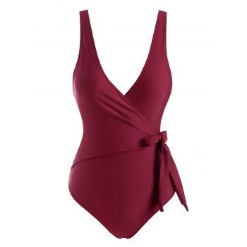 

Surplice Swimsuit Knotted Padded Plunging Neck One-piece Swimwear, Deep red