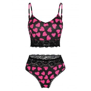 

Plus Size Lace Trim Heart Print Lingerie Set, Black
