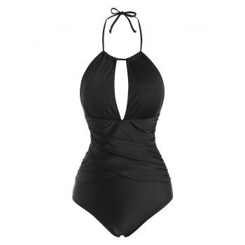 

Drawstring Halter Neck Cut Out Ruched One-Piece Swimsuit, Black