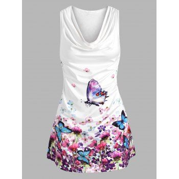 

Plus Size Cowl Neck Floral Butterfly Racerback Tank Top, White