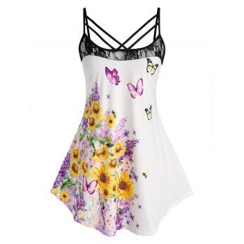 Plus Size Sunflower Butterfly Print Lace Panel Straps Cami Top