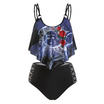 

Sun Moon Rose Flower Print Criss-cross Tankini Set, Black