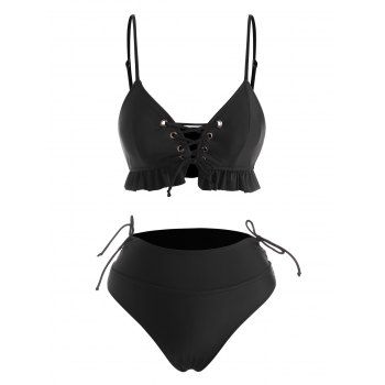

Ruched Waist Lace-up Frilled Tankini Swimwear, Black