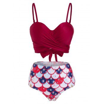 

Mermaid Star Print Swimsuit Tummy Control Bikini Swimwear Padded Wrap Tied Back Beach Bathing Suit, Deep red