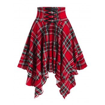 

Plaid Print Lace-up Layered Handkerchief Skirt, Red