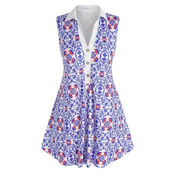 

Plus Size Mock Button Retro Floral Print Tank Top, Blue