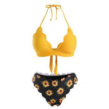 

Halter Sunflower Scalloped Cheeky Bikini Swimwear, Yellow