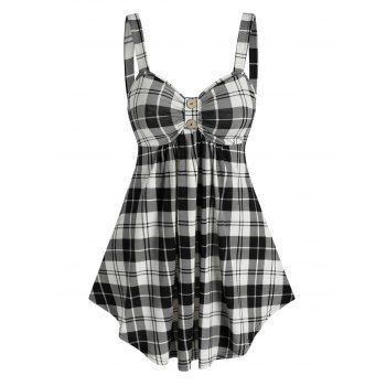 

Plaid Print Mock Button Corset Style Skirted Tank Top, Black