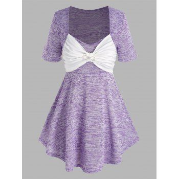 

Plus Size Heathered Rhinestone Bowknot Detail T-shirt, Purple