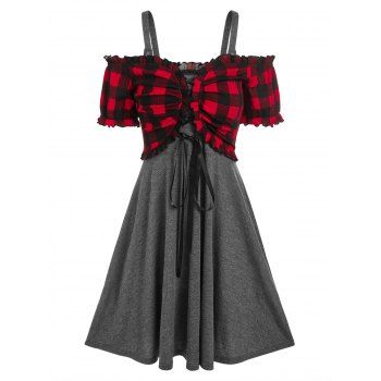 

Plaid Print Lace-up Crop Top and Sleeveless Heathered Dress, Red