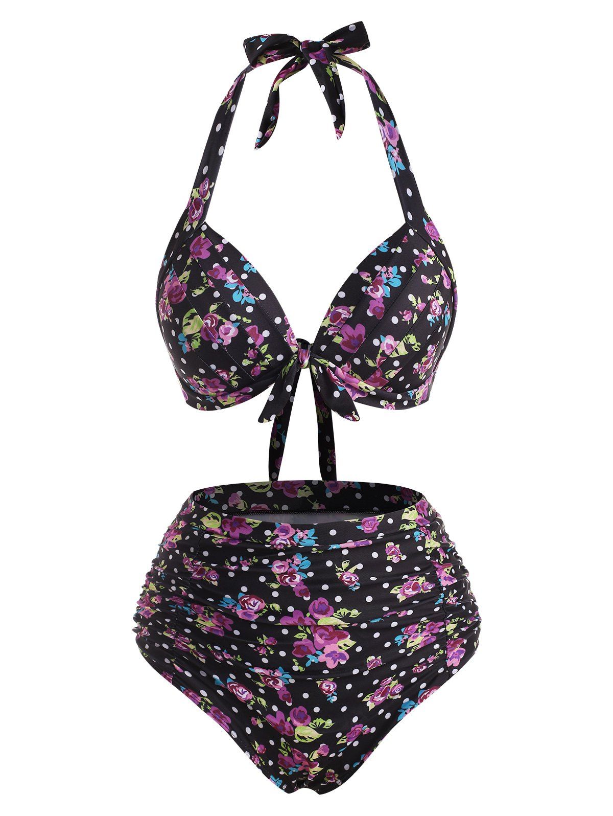 Floral Polka Dot Print Halter Neck Tied Bikini Swimwear - LIGHT PINK S
