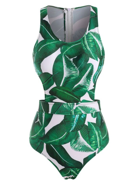 Palm Print Cutout Racerback Tie Back Zip One-piece Swimsuit - LIGHT GREEN S