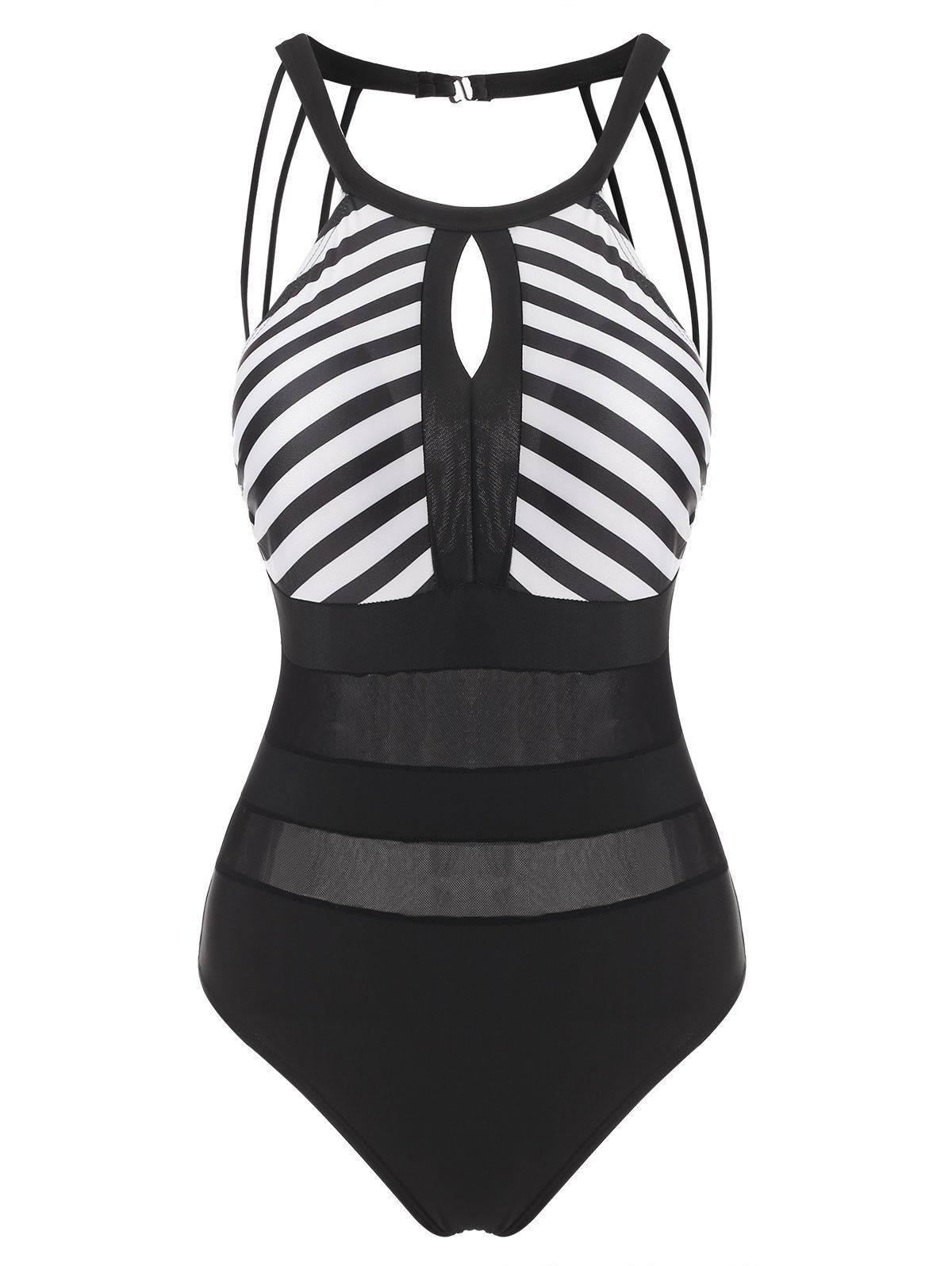 Striped Mesh Panel Keyhole Sheer One-piece Swimsuit - BLACK S