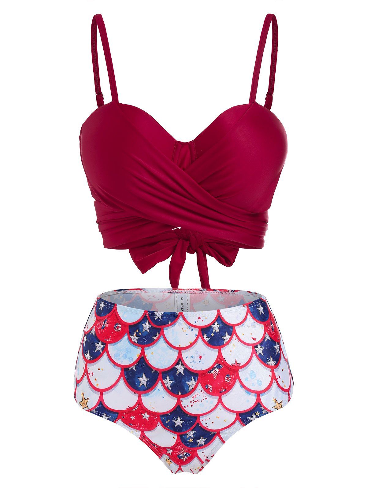 Mermaid Star Print Swimsuit Tummy Control Bikini Swimwear Padded Wrap Tied Back Beach Bathing Suit - DEEP RED XXXL