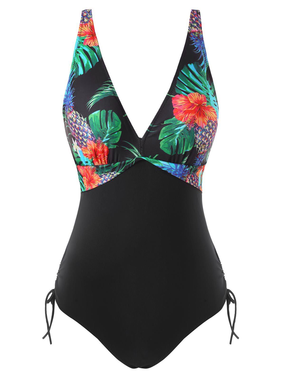 Tropical Flower Print Cinched One-piece Swimwear - BLACK M