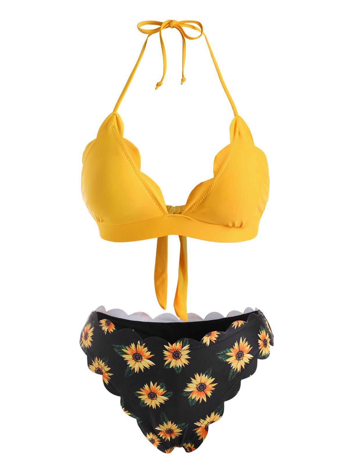 Halter Sunflower Scalloped Cheeky Bikini Swimwear - YELLOW L