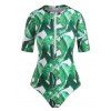 Maillot de Bain à Une Pièce à Manches Courtes à Imprimé Feuilles de Palmier avec Zip Au Front - Vert profond M