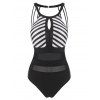 Striped Mesh Panel Keyhole Sheer One-piece Swimsuit - BLACK S
