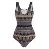 Ethnic One-piece Swimwear Tribal Print Bathing Suit Mesh Insert Lace Up Bohemian Swimsuit - multicolor 2XL