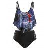 Ensemble de Tankini Croisé à Imprimé Lune Soleil et Fleur - Noir XXL