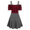 Plaid Print Lace-up Crop Top and Sleeveless Heathered Dress - RED XXXL