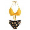 Halter Sunflower Scalloped Cheeky Bikini Swimwear - YELLOW L