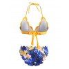 Halter Floral Leaf Scalloped Tropical Bikini Swimwear - YELLOW L